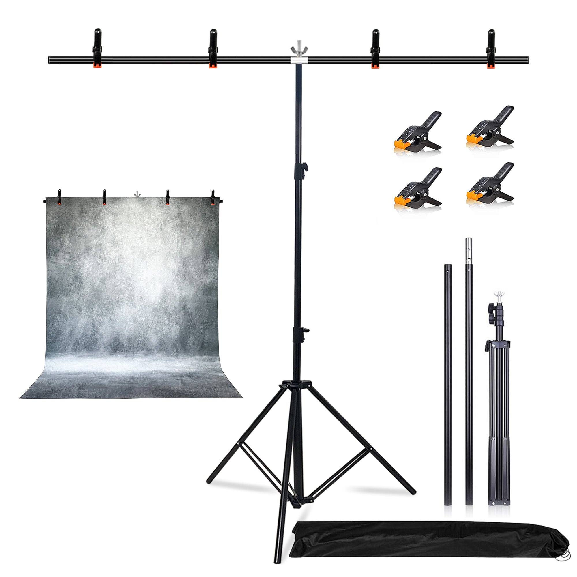 6.5 x 5ft T-Shaped Backdrop Stand with Abstract Grey 5x6.5ft Professional Photography Backdrop,Adjustable Backdrop Stand Kit with 4 Spring Clamps,Portable Handbag (2 in 1)