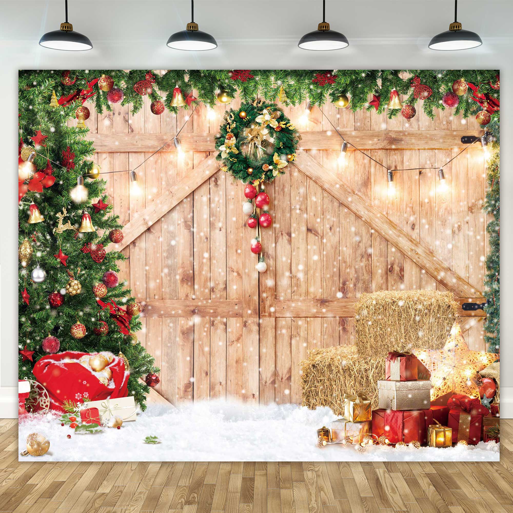 Christmas Barn Wood Door Backdrop for Photography Decorations Supplies