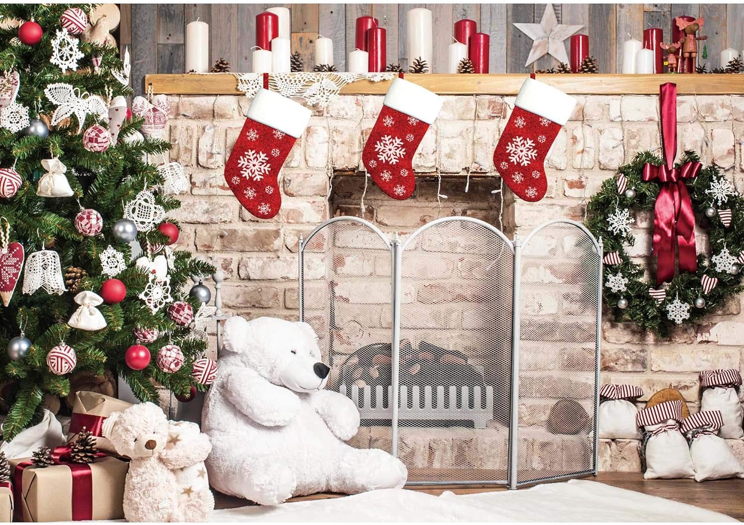 Christmas Fireplace Backdrop for Photography Decorations Party Photo Background