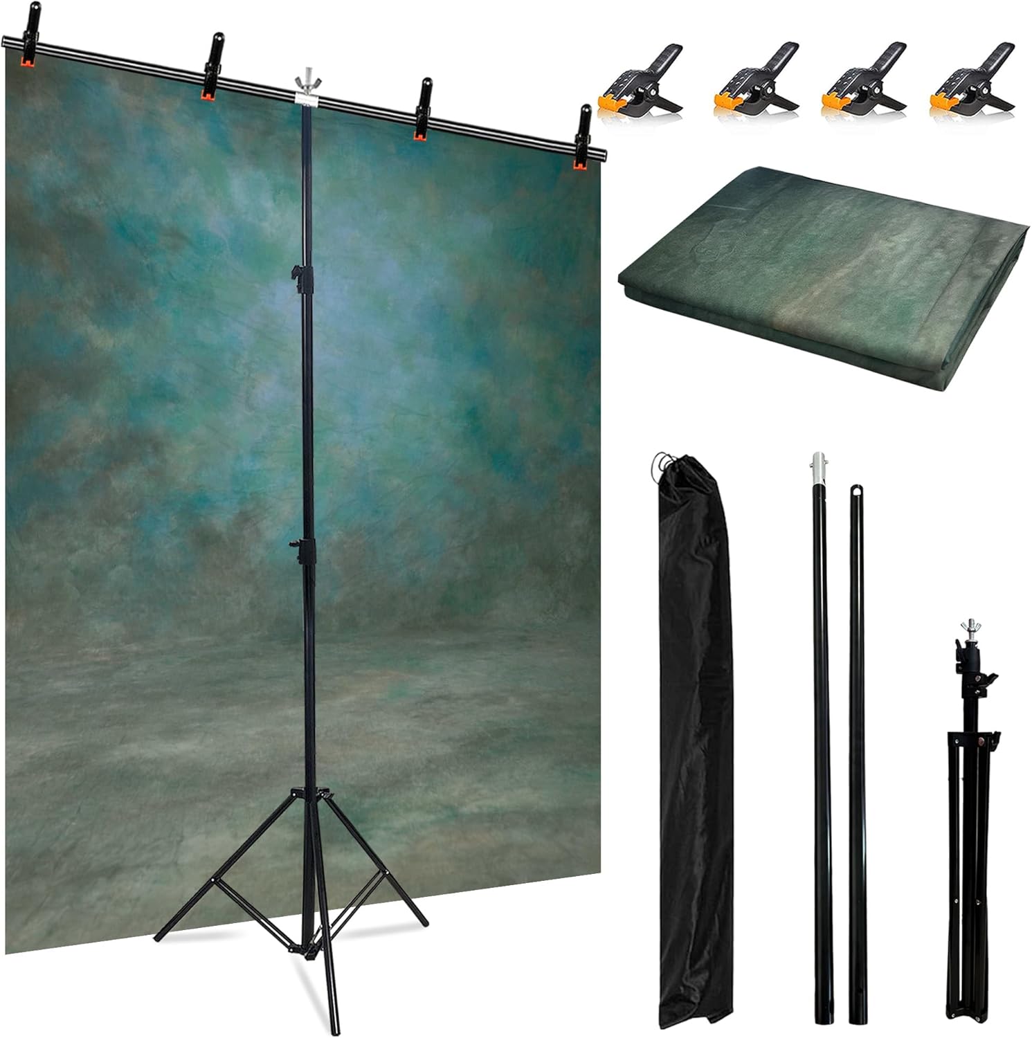 6.5 x 5ft T-Shaped Backdrop Stand with Abstract Green 5x6.5ft Professional Photography Backdrop,Adjustable Backdrop Stand Kit with 4 Spring Clamps,Portable Handbag (2 in 1)