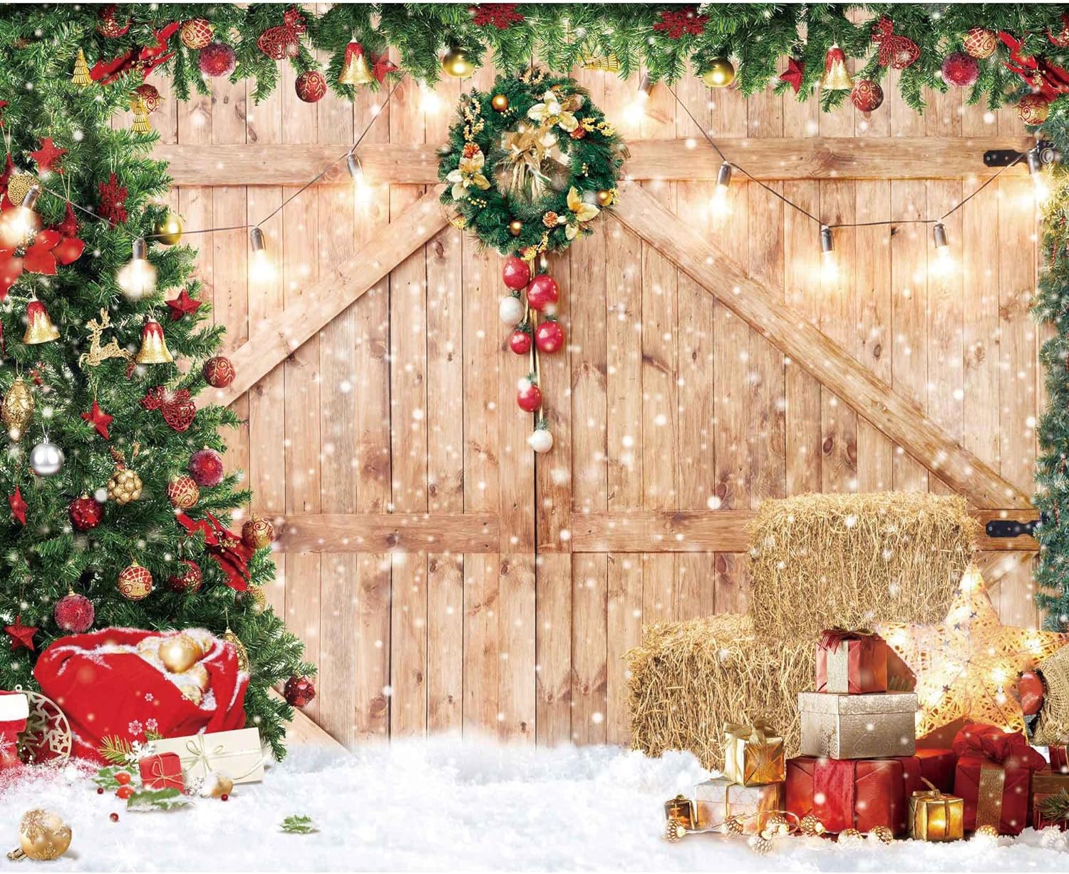 Christmas Barn Wood Door Backdrop for Photography Decorations Supplies