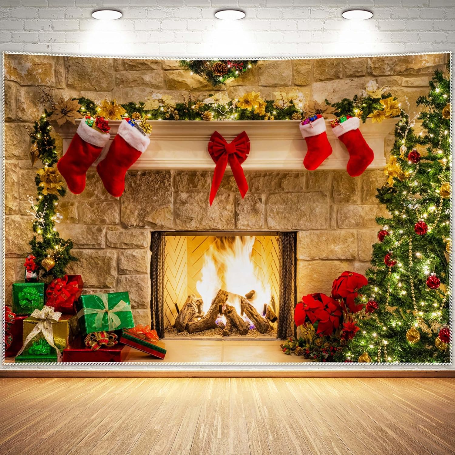 Christmas Fireplace Backdrop Photo Background Decorations