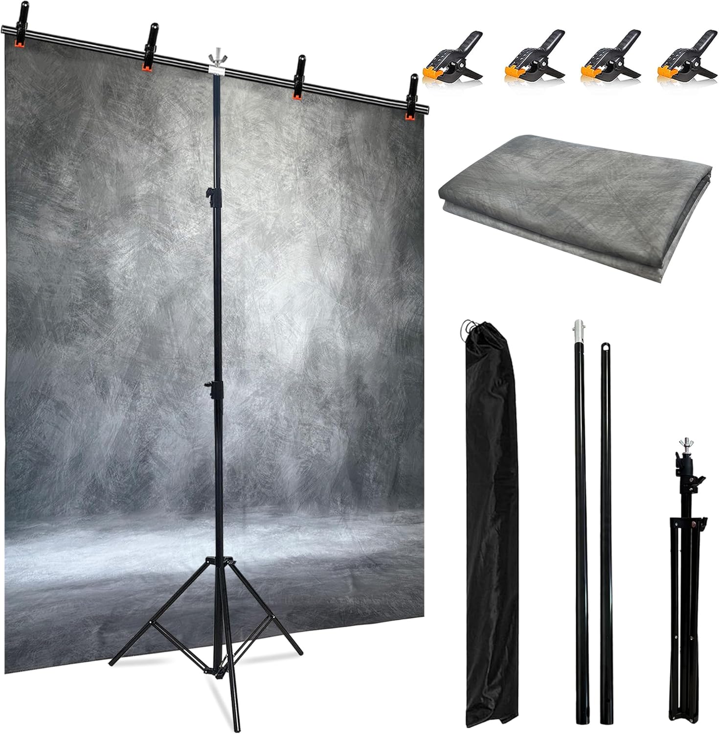 6.5 x 5ft T-Shaped Backdrop Stand with Abstract Grey 5x6.5ft Professional Photography Backdrop,Adjustable Backdrop Stand Kit with 4 Spring Clamps,Portable Handbag (2 in 1)