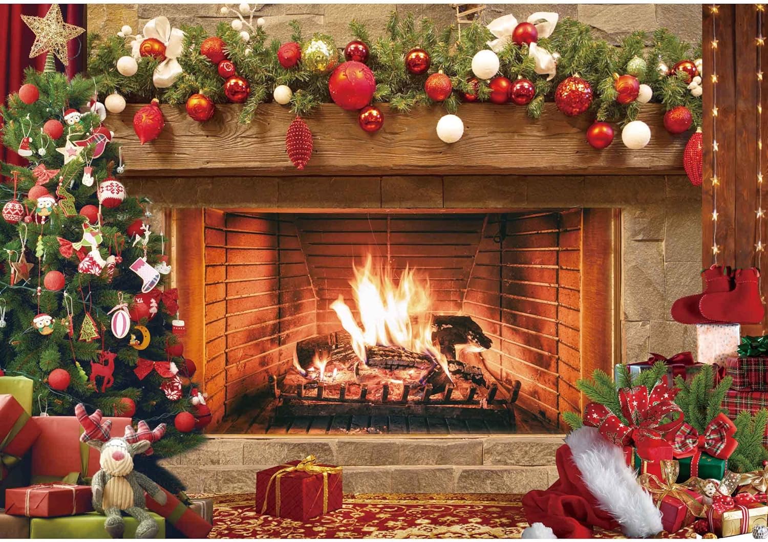 Christmas Fireplace Backdrop Vintage Xmas Tree Background Photography for Party Decorations Photo