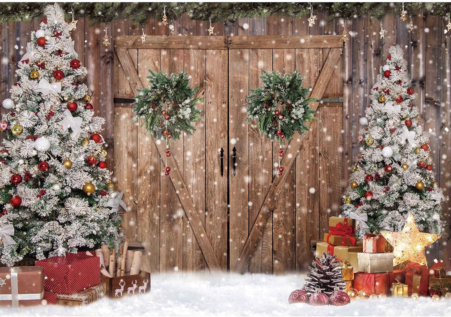 Winter Christmas Rustic Barn Wood Door Photography Backdrop for Party Decorations