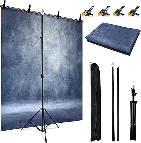 6.5 x 5ft T-Shaped Backdrop Stand with Abstract Blue 5x6.5ft Professional Photography Backdrop,Adjustable Backdrop Stand Kit with 4 Spring Clamps,Portable Handbag (2 in 1)