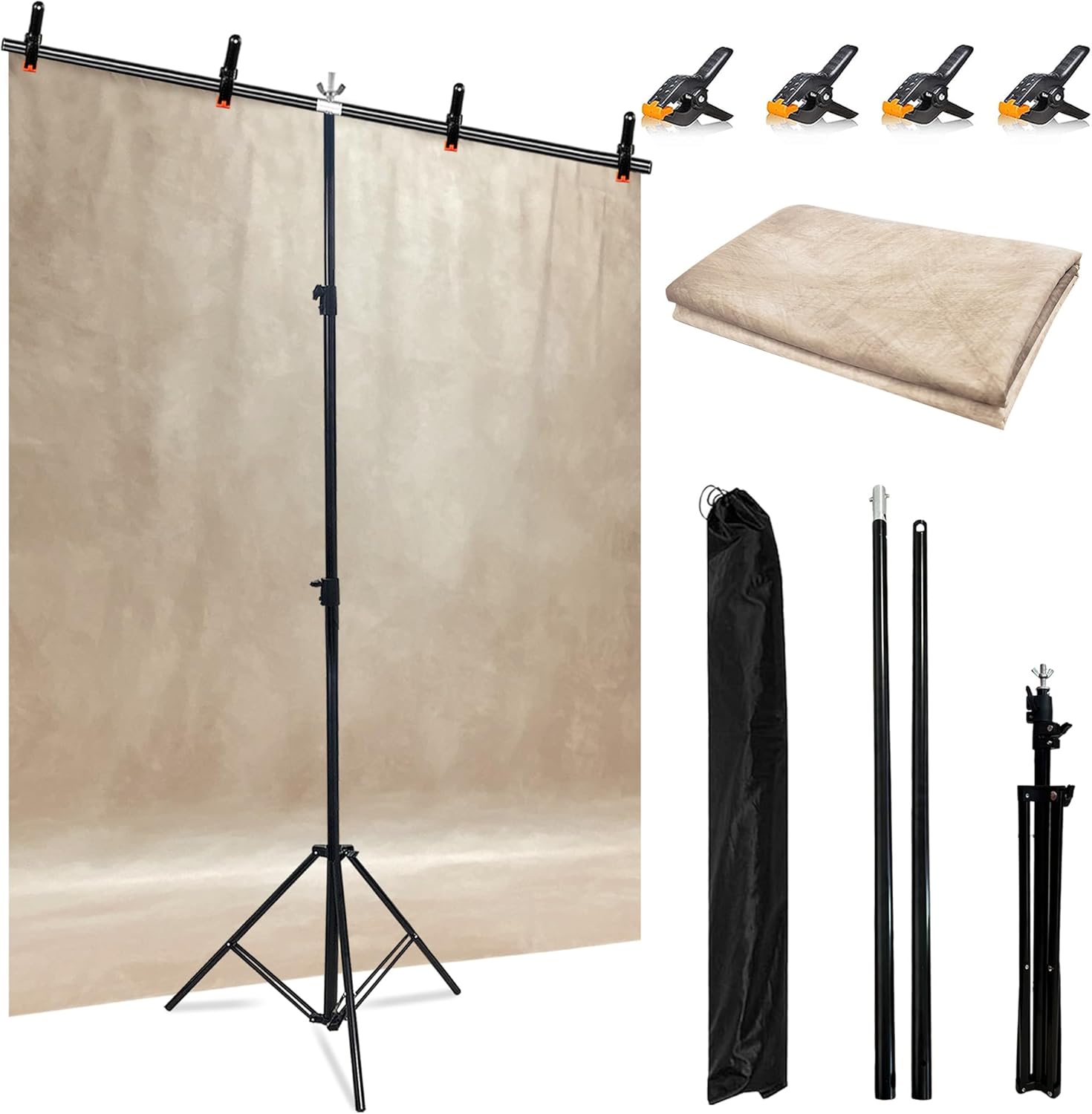 6.5 x 5ft T-Shaped Backdrop Stand with Abstract Beige 5x6.5ft Professional Photography Backdrop,Adjustable Backdrop Stand Kit with 4 Spring Clamps,Portable Handbag (2 in 1)