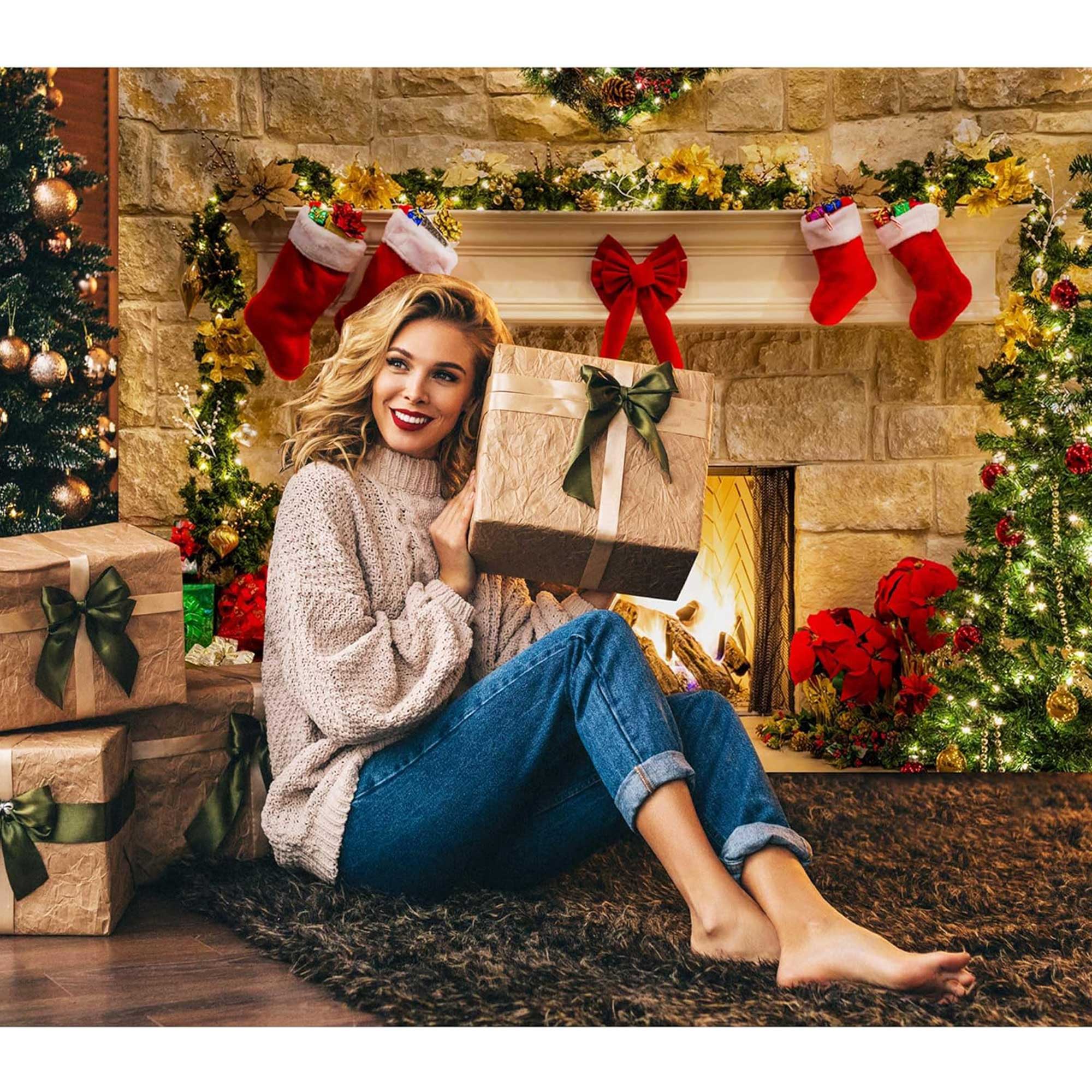 Christmas Fireplace Backdrop Photo Background Decorations