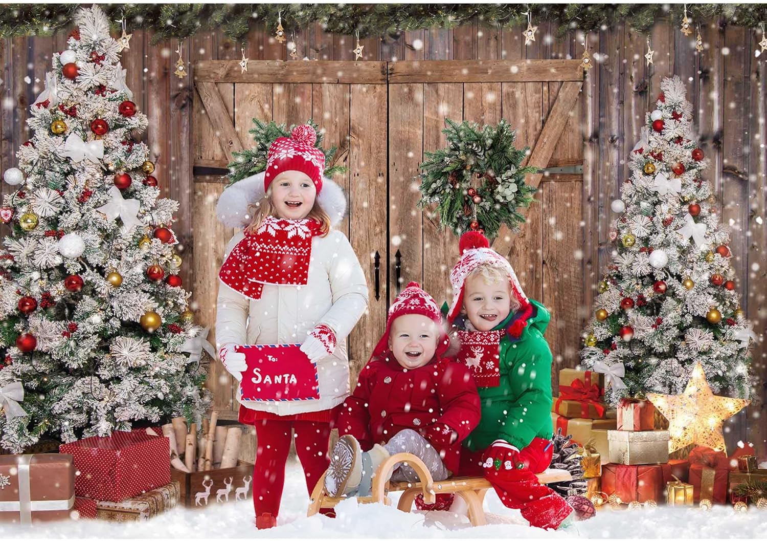 Winter Christmas Rustic Barn Wood Door Photography Backdrop for Party Decorations