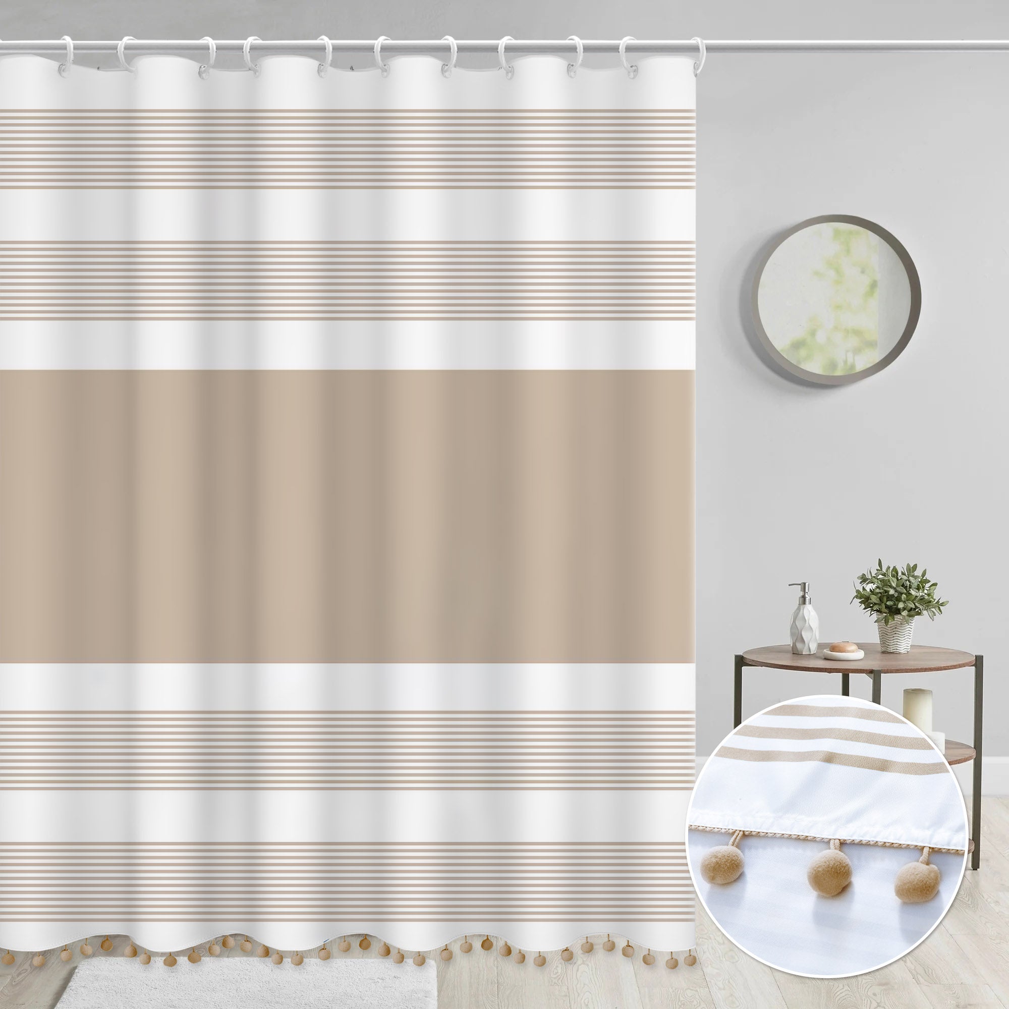 72"x72" Luxury Fabric Farmhouse Boho Beige Shower Curtain Khaki Shower Curtains with Pompom