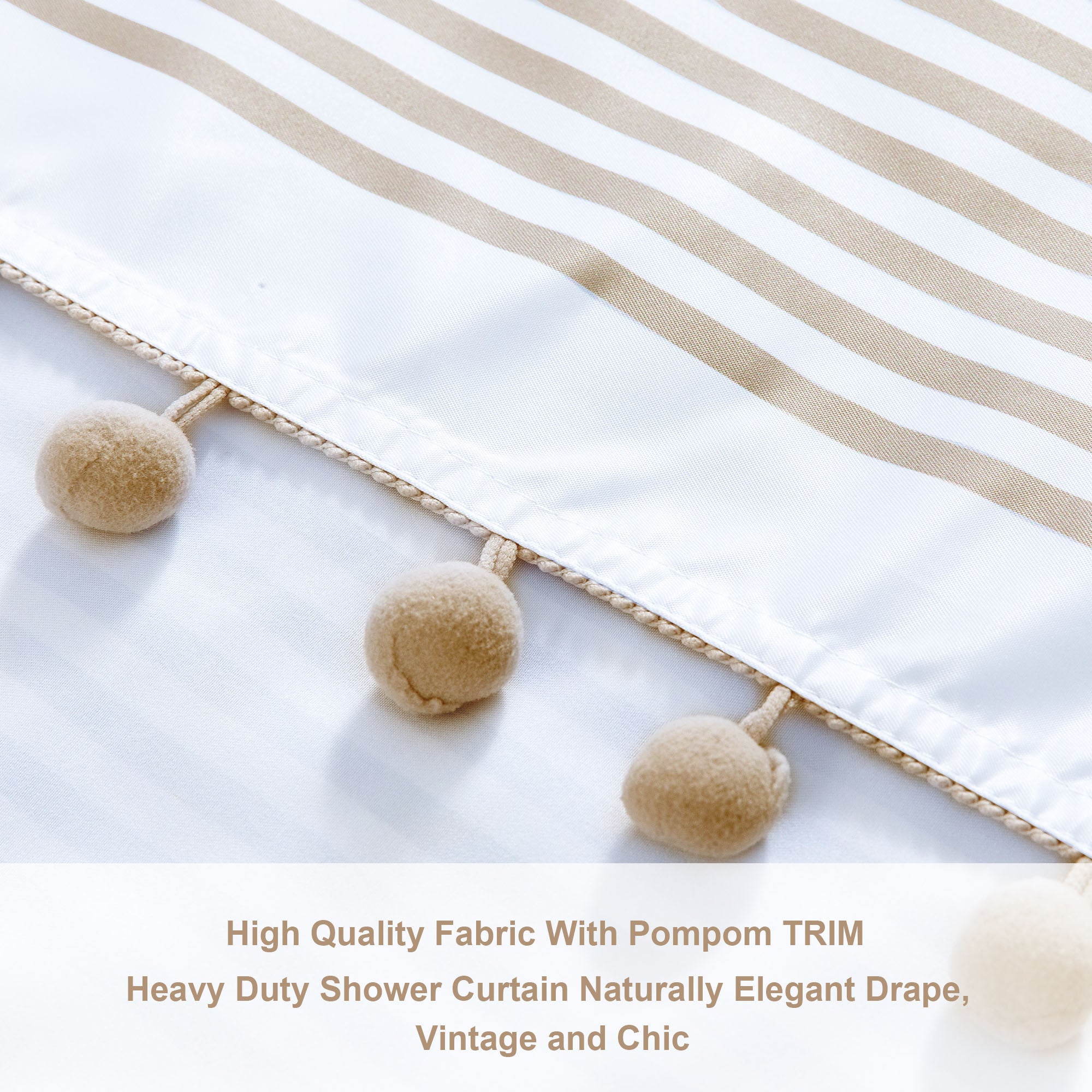 72"x72" Luxury Fabric Farmhouse Boho Beige Shower Curtain Khaki Shower Curtains with Pompom