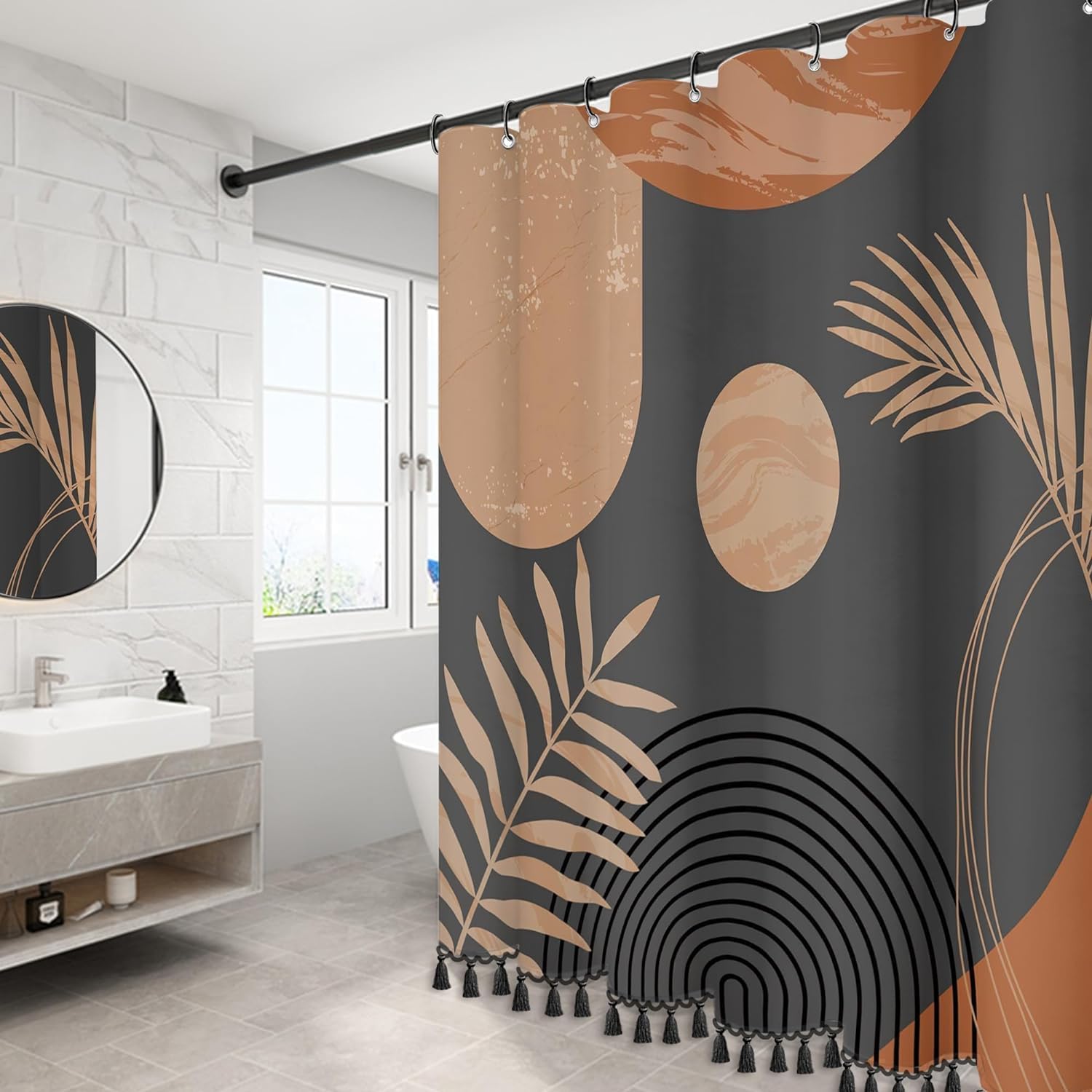 72" x 72" Boho Mid Century Leaf Shower Curtain Luxurious Chocolate Fabric-12 Hooks