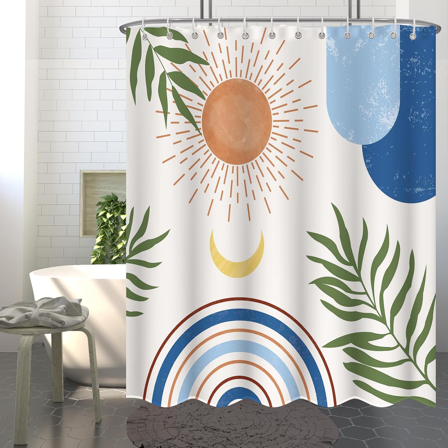 72" x 72" Blue and Beige Boho Shower Curtain Set,Arch Sun Design,Minimalistic Leaves Pattern,Waterproof and Luxurious Fabric-12 Hooks