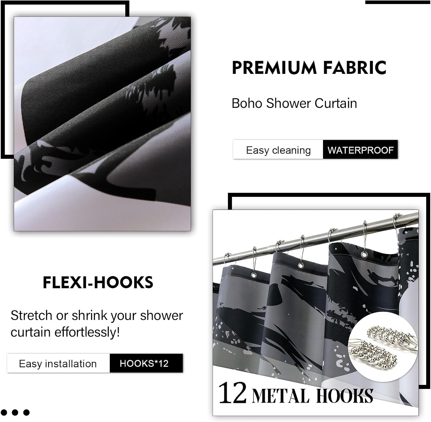 72" x 72" Black and White Boho Shower Curtain Set with Black Tassel Accents and Modern Minimalistic Design Waterproof Polyester,12 Anti Rust Hooks