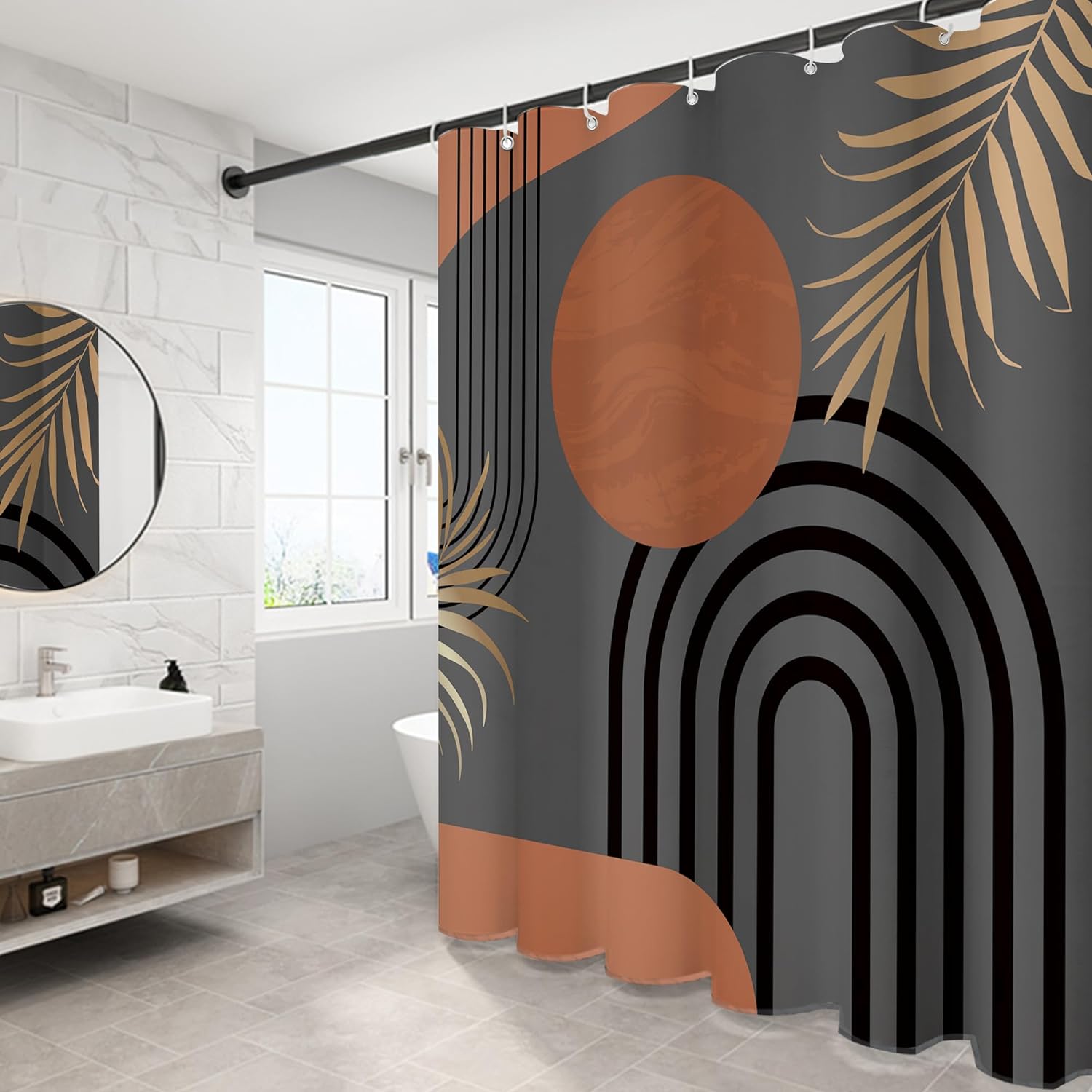 72"X72" Brown Abstract Boho Mid Century Leaf Shower Curtain,Arch Sun Design, Minimalistic Leaves Pattern,Waterproof and Luxurious BrownFabric-12 Hooks