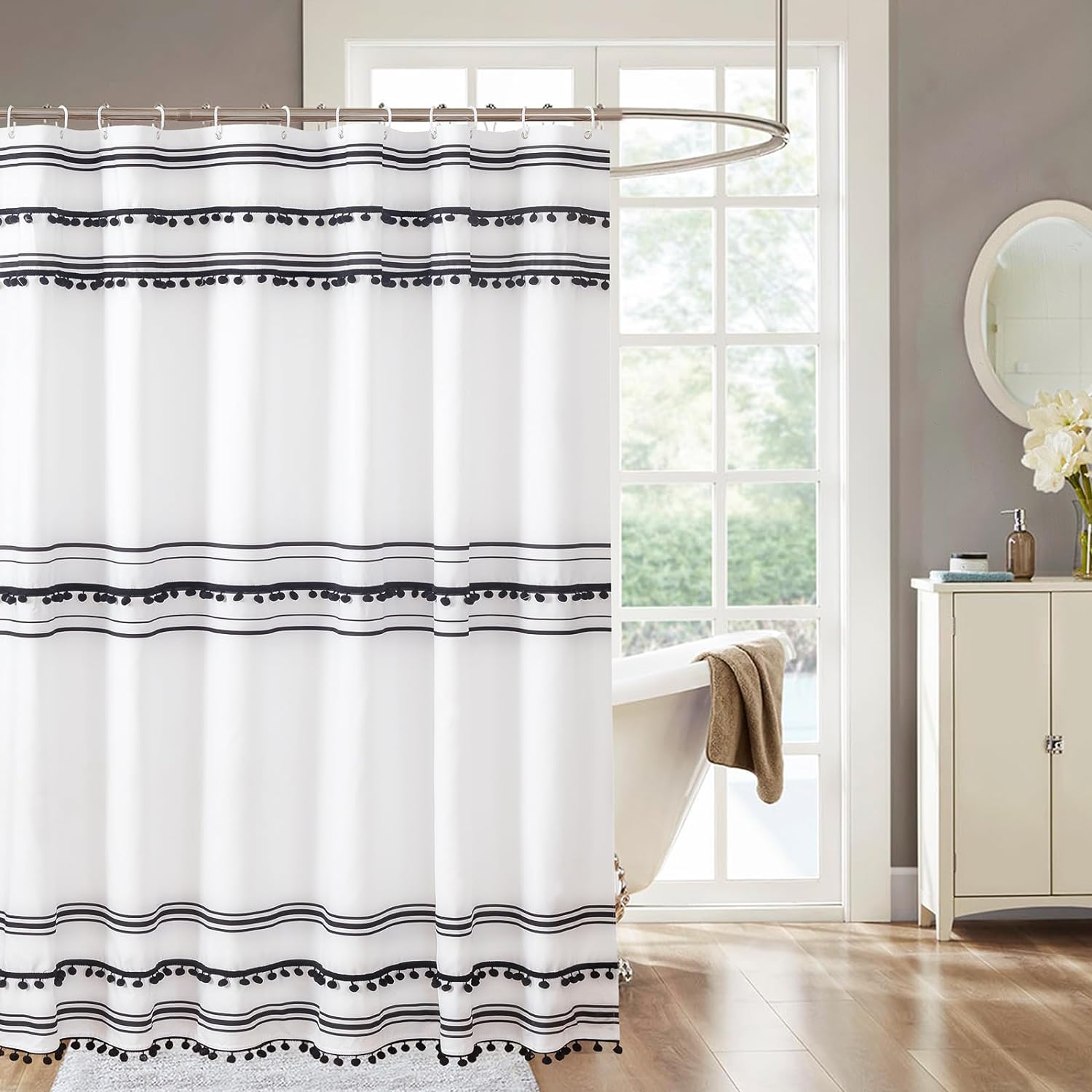 72"X72" Black and White Fabric Shower Curtain Sets with Boho Tassel Pendants