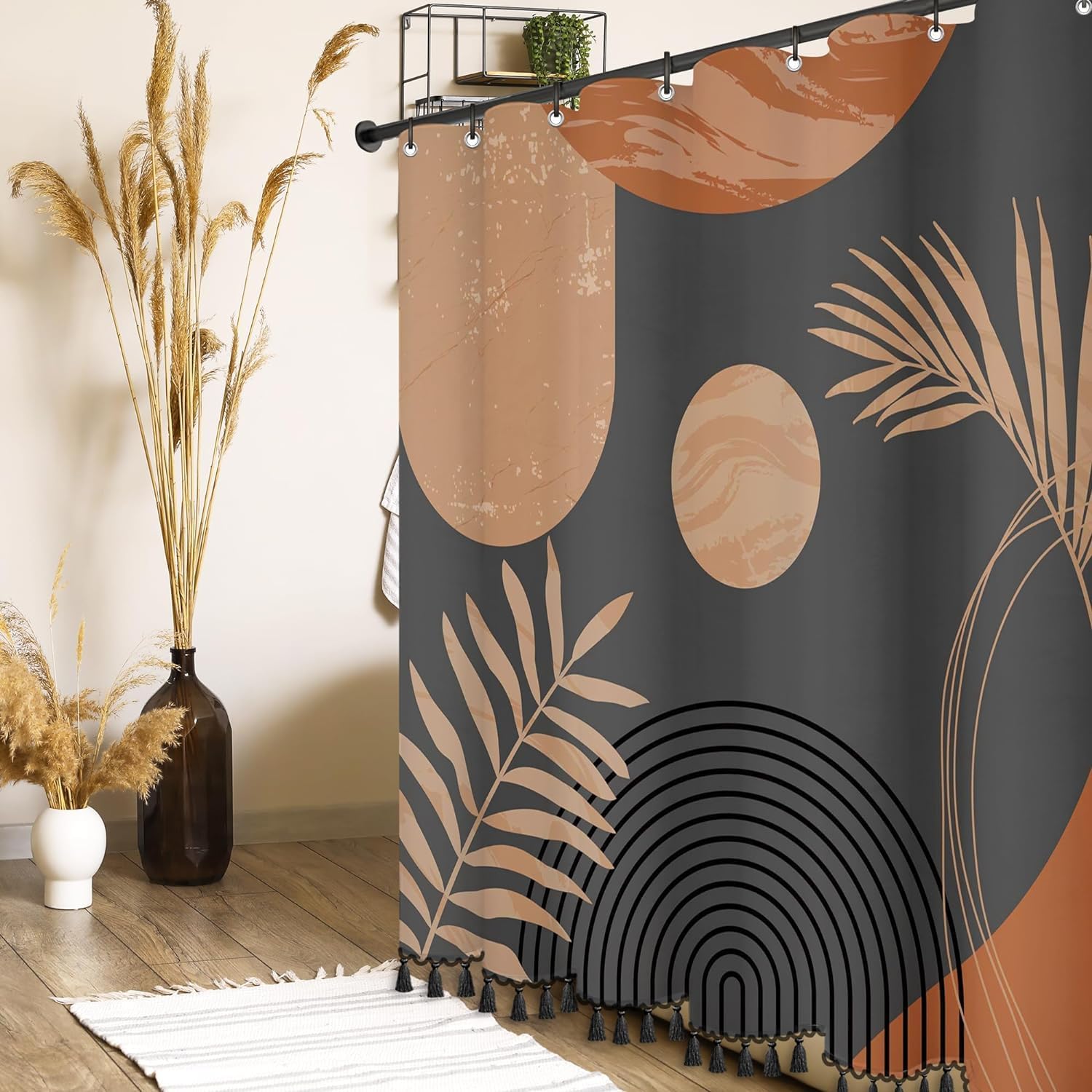 72" x 72" Boho Mid Century Leaf Shower Curtain Luxurious Chocolate Fabric-12 Hooks