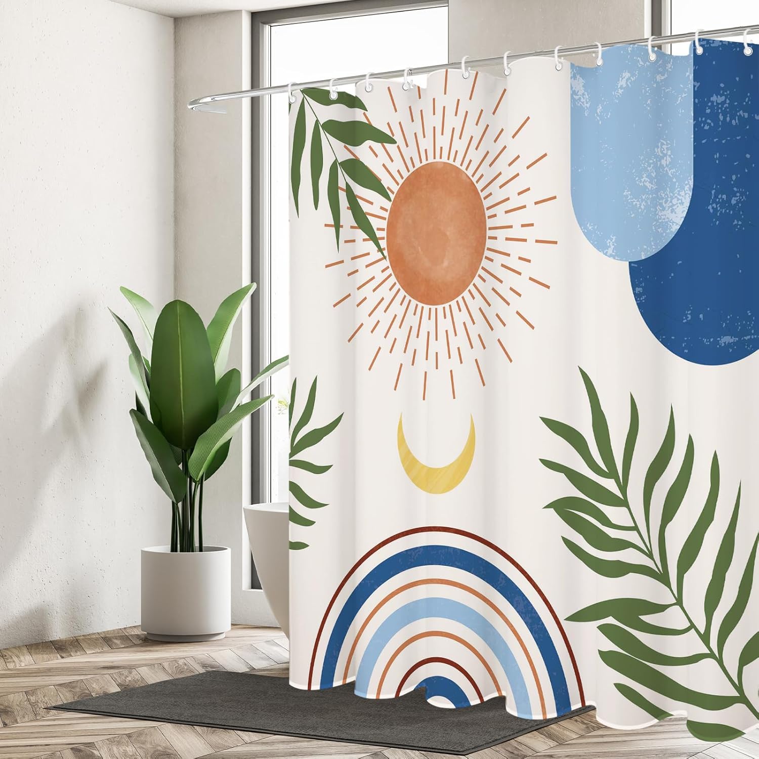 72" x 72" Blue and Beige Boho Shower Curtain Set,Arch Sun Design,Minimalistic Leaves Pattern,Waterproof and Luxurious Fabric-12 Hooks