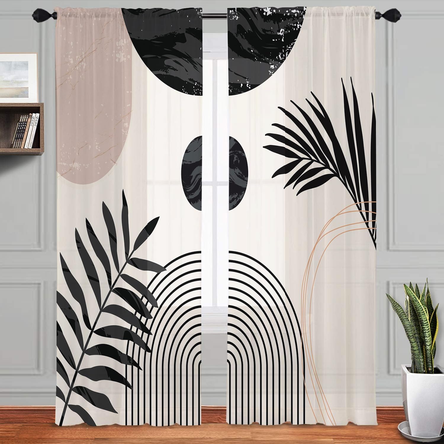 Boho Mid Century Black and White Living Room Curtain 84 inches Long Arch Sun Leaves Curtain