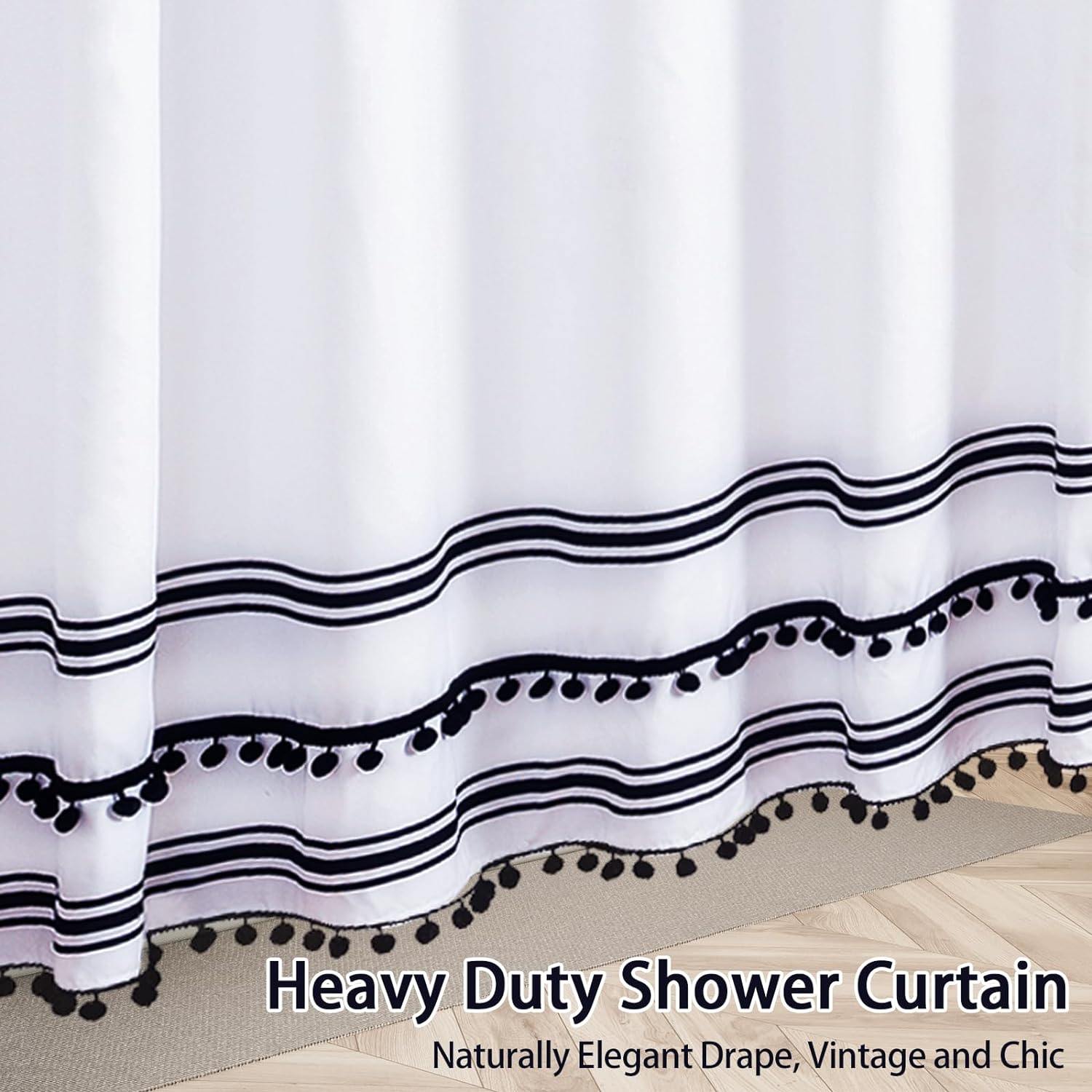 72"X72" Black and White Fabric Shower Curtain Sets with Boho Tassel Pendants