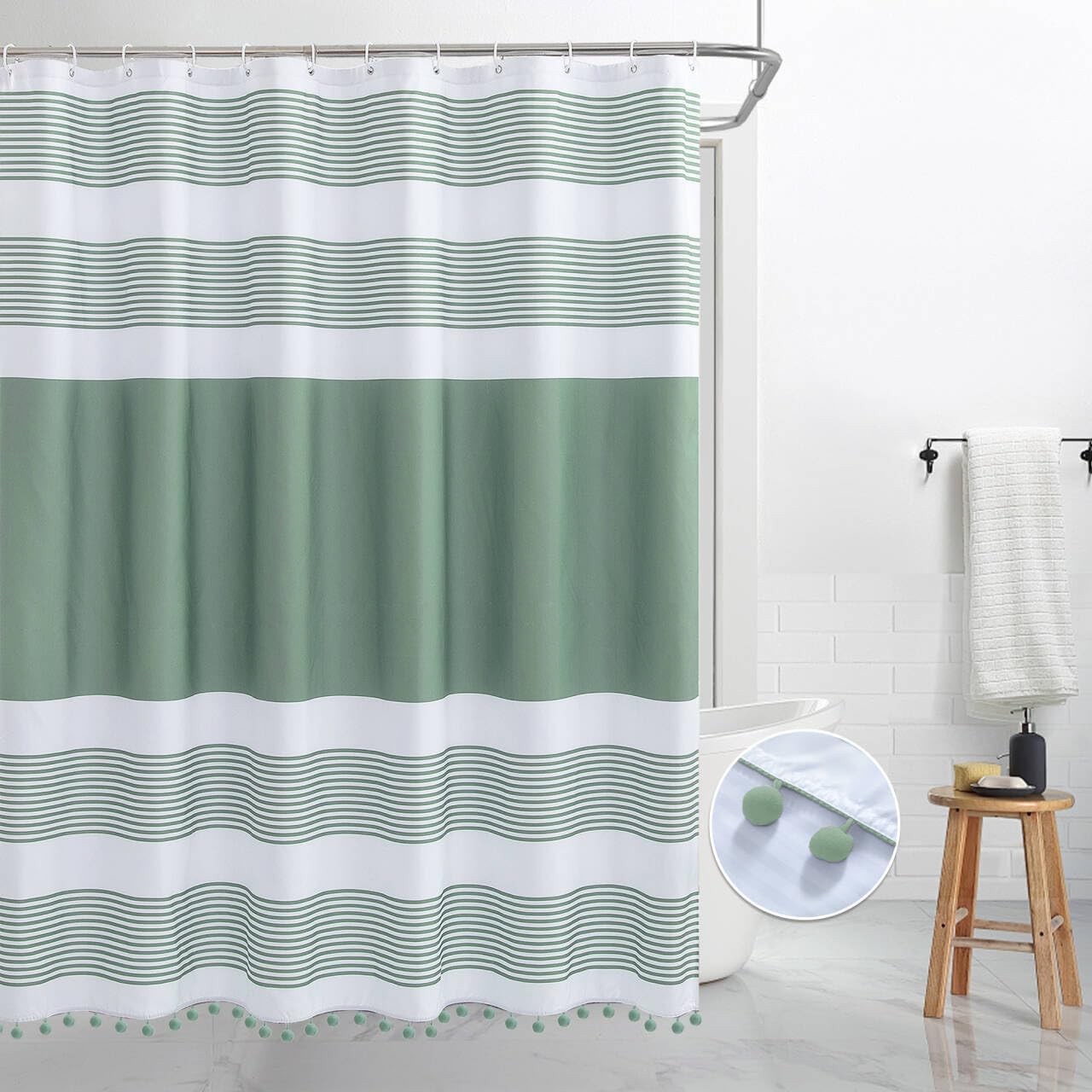 72"x72" Luxury Fabric Farmhouse Sage Green Shower Curtain Green and White with Pompom Boho Modern Classics Striped Curtains with 12 Hooks Washable for Bathroom