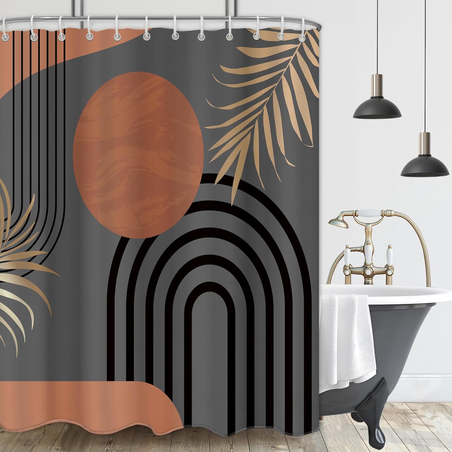 72"X72" Brown Abstract Boho Mid Century Leaf Shower Curtain,Arch Sun Design, Minimalistic Leaves Pattern,Waterproof and Luxurious BrownFabric-12 Hooks