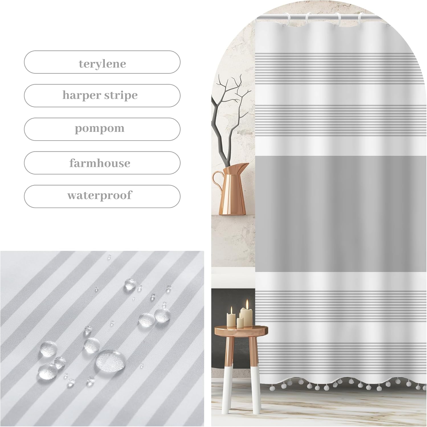 72"x72" Luxury Fabric Farmhouse Grey Shower Curtain Gray with Pompom Linen Boho Modern Classics Striped Curtains for Bathroom