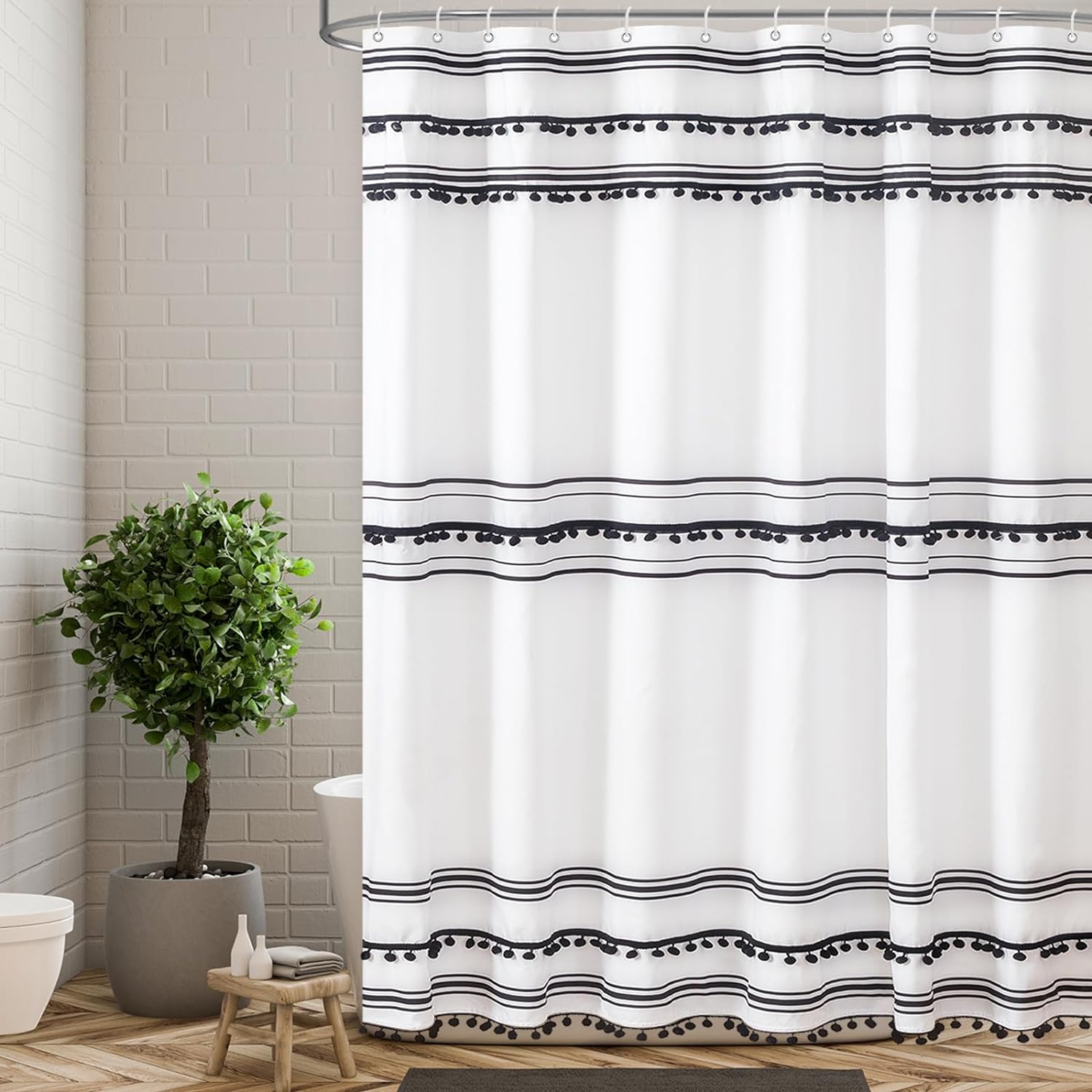 72"X72" Black and White Fabric Shower Curtain Sets with Boho Tassel Pendants