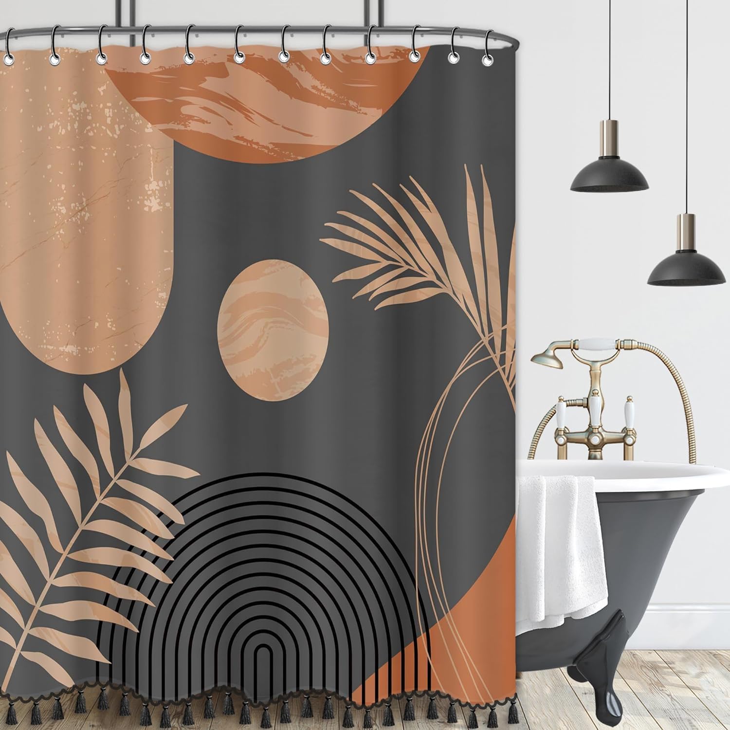 72" x 72" Boho Mid Century Leaf Shower Curtain Luxurious Chocolate Fabric-12 Hooks