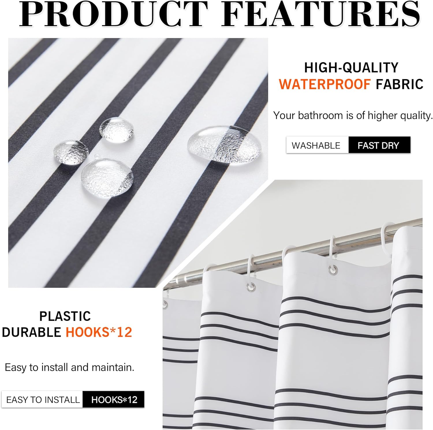 Microfiber Soft Fabric Waterproof Shower Curtain Farmhouse Black and White Striped 72"x72" Sets with Black Boho Tassels Modern Classics Curtains for Bathroom