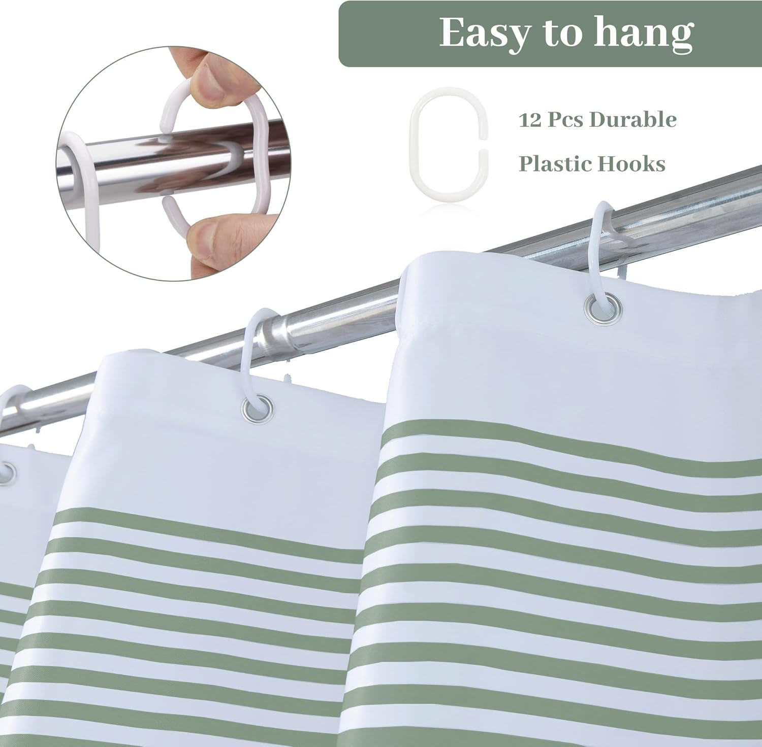 72"x72" Luxury Fabric Farmhouse Sage Green Shower Curtain Green and White with Pompom Boho Modern Classics Striped Curtains with 12 Hooks Washable for Bathroom