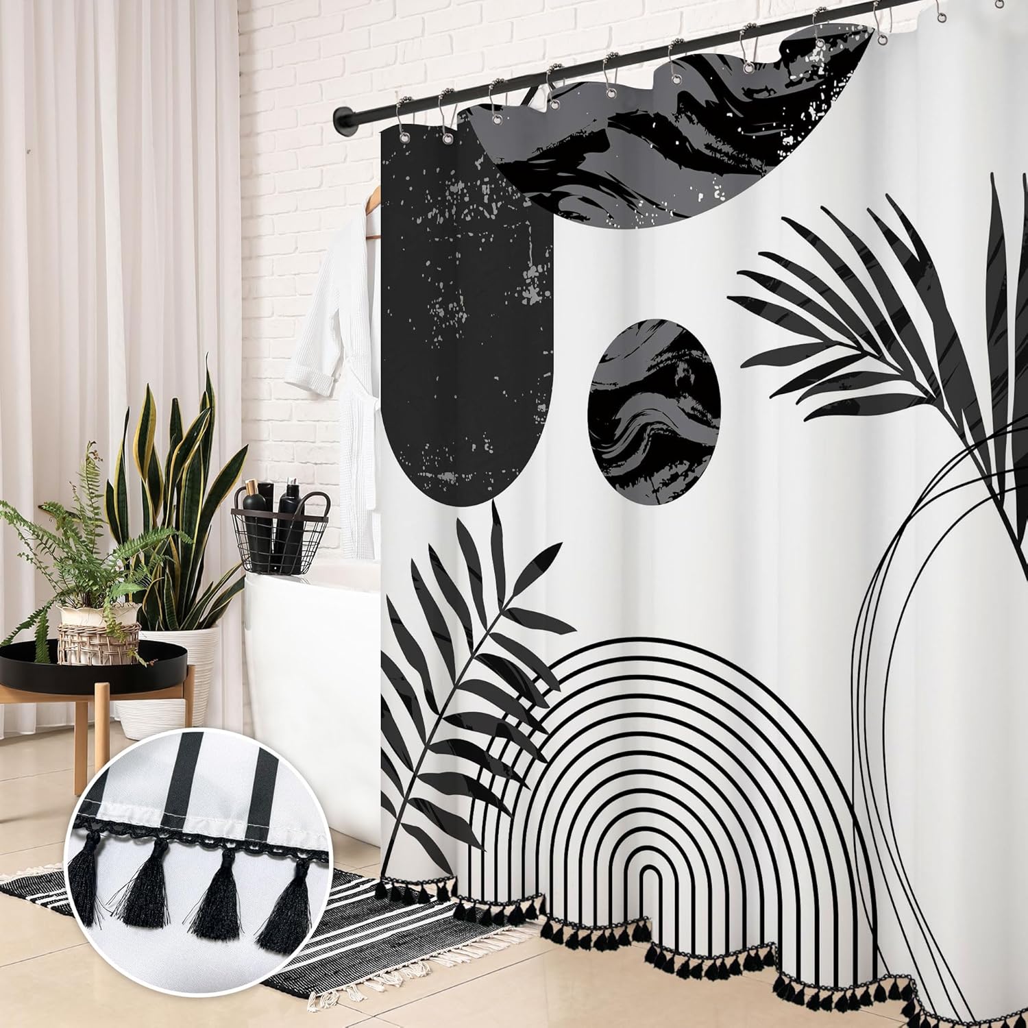 72" x 72" Black and White Boho Shower Curtain Set with Black Tassel Accents and Modern Minimalistic Design Waterproof Polyester,12 Anti Rust Hooks