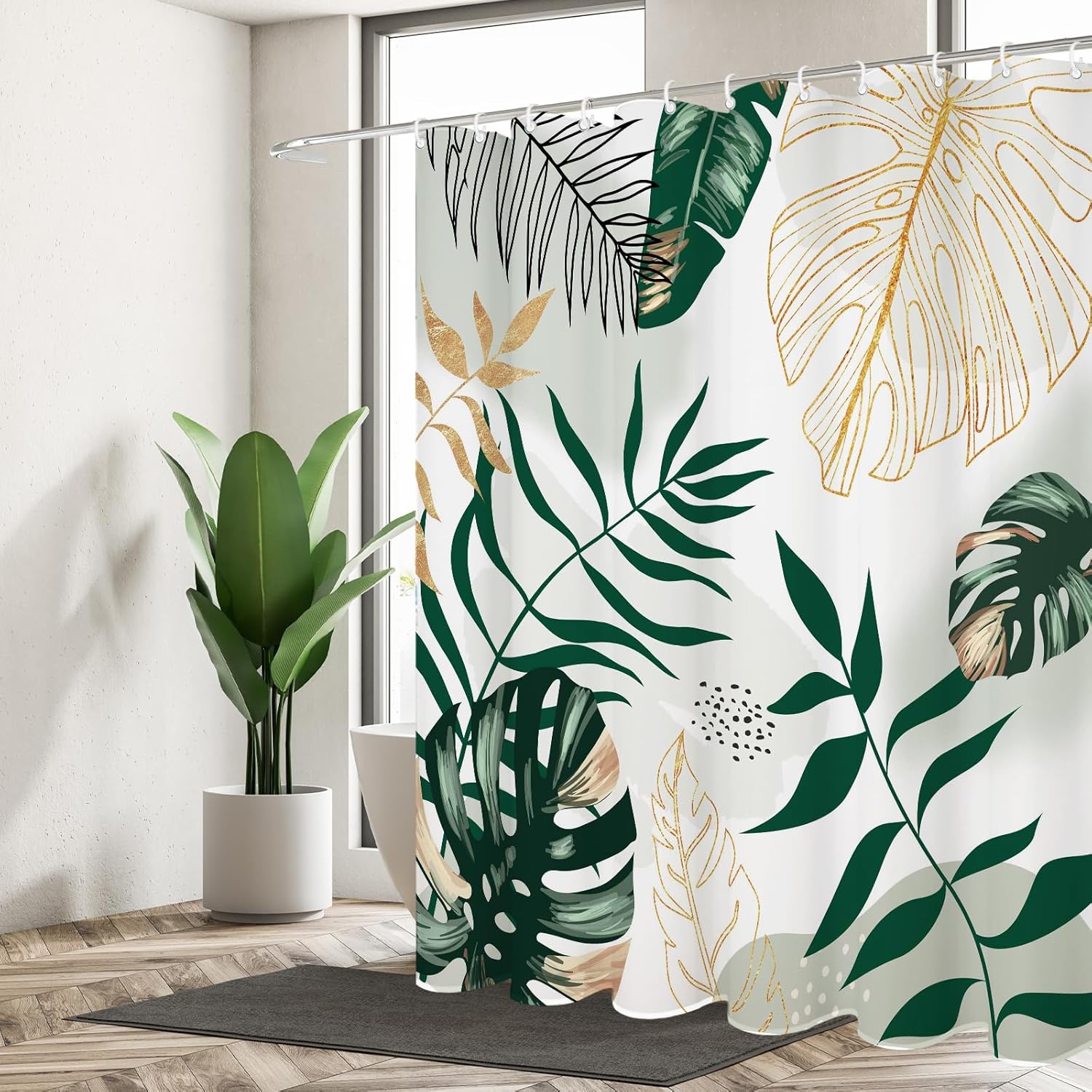 72" x 72" Boho Mid-Century Leaf Shower Curtain Set - Chic Green Abstract Design, Tropical Watercolor, Modern Bathroom Decor with Hooks - Washable Fabric