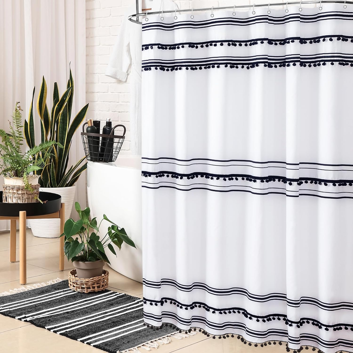 72"X72" Black and White Fabric Shower Curtain Sets with Boho Tassel Pendants