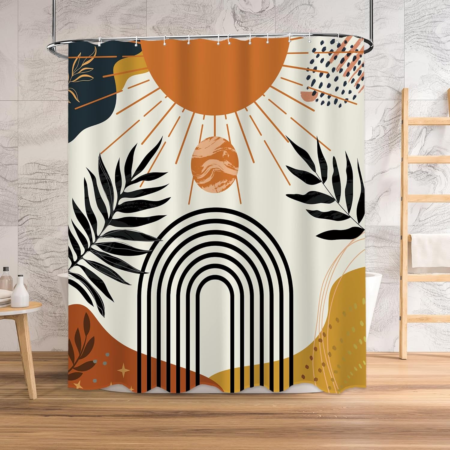 72" x72" Abstract Tangerine Boho Shower Curtain Set,Arch Sun Design,Sage Green Minimalistic Leaves Pattern,Waterproof and Durable Luxurious Fabric-12 Hooks