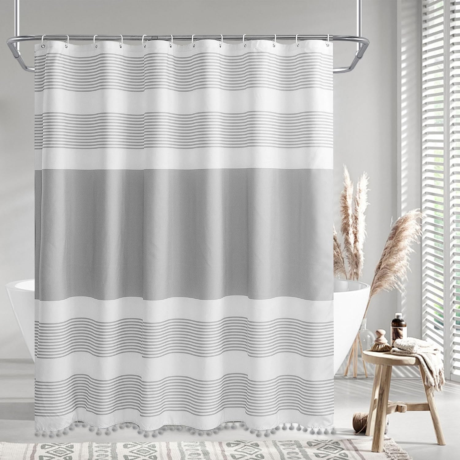 72"x72" Luxury Fabric Farmhouse Grey Shower Curtain Gray with Pompom Linen Boho Modern Classics Striped Curtains for Bathroom