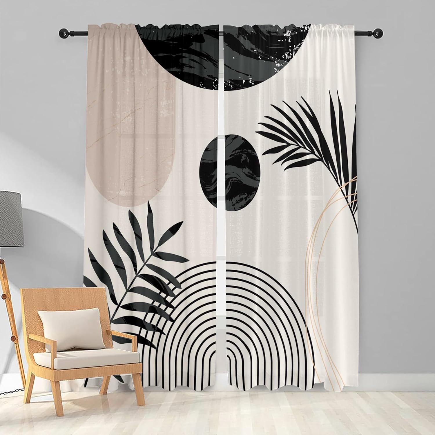 Boho Mid Century Black and White Living Room Curtain 84 inches Long Arch Sun Leaves Curtain