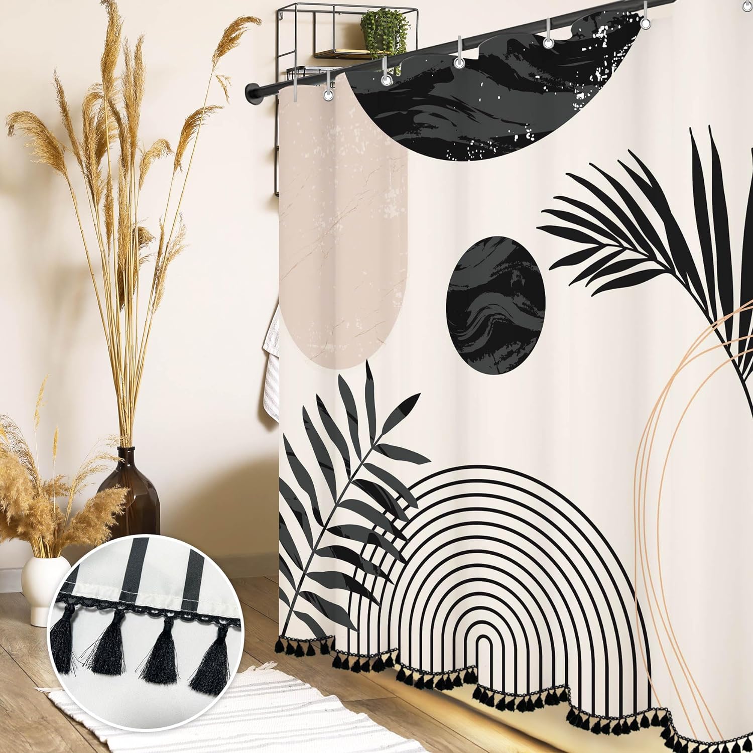 72"X72" Boho Shower Curtain Sets with Tassel Pendants Arch Sun Modern Minimalistic Leaves Bathroom Curtains