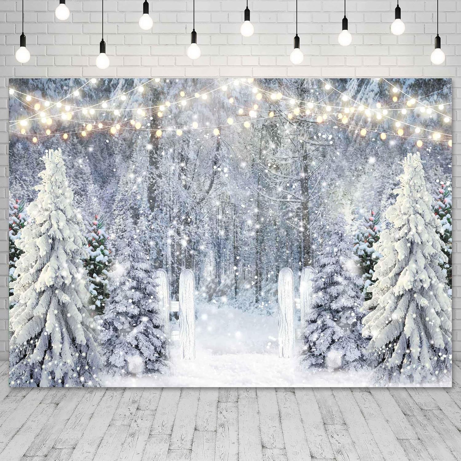 Winter White Snowy Forest Backdrop for Photography Christmas Glitter Wonderland Background