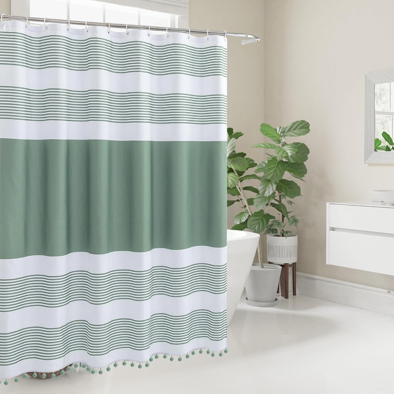 72"x72" Luxury Fabric Farmhouse Sage Green Shower Curtain Green and White with Pompom Boho Modern Classics Striped Curtains with 12 Hooks Washable for Bathroom