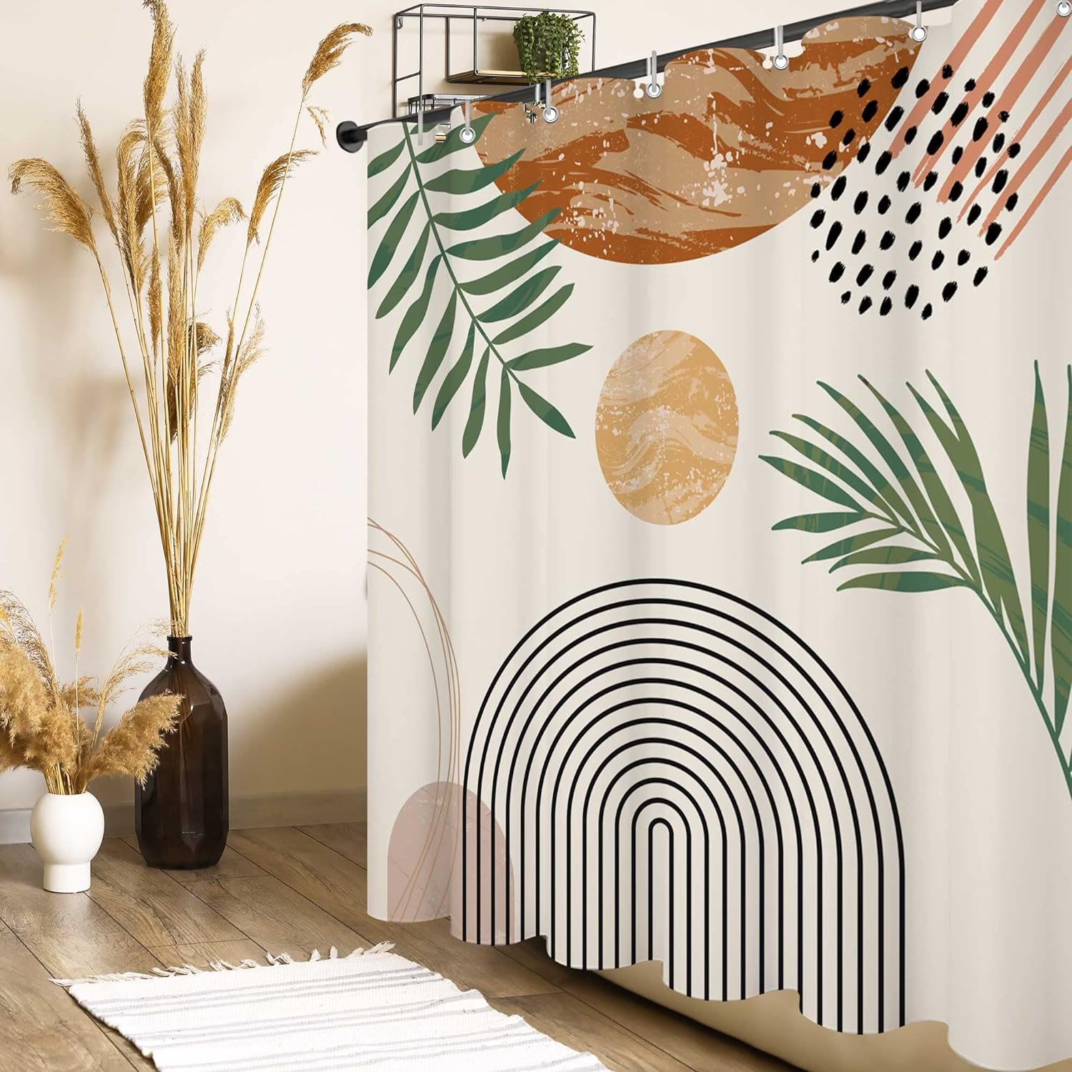 72"X72" Boho Beige Shower Curtain Sets Mid Century Abstract Sun Modern Rustic Cream Curtains for Bathroom