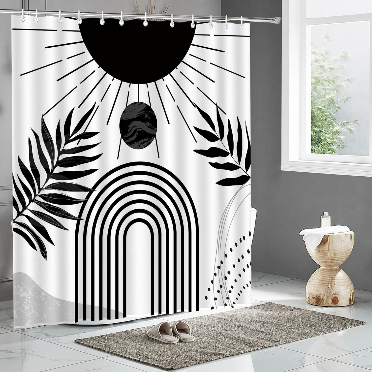 72" x72" Black and White Boho Shower Curtain Set,Arch Sun Design,Sage Green Minimalistic Leaves Pattern,Waterproof and Durable Luxurious Fabric-12 Hooks