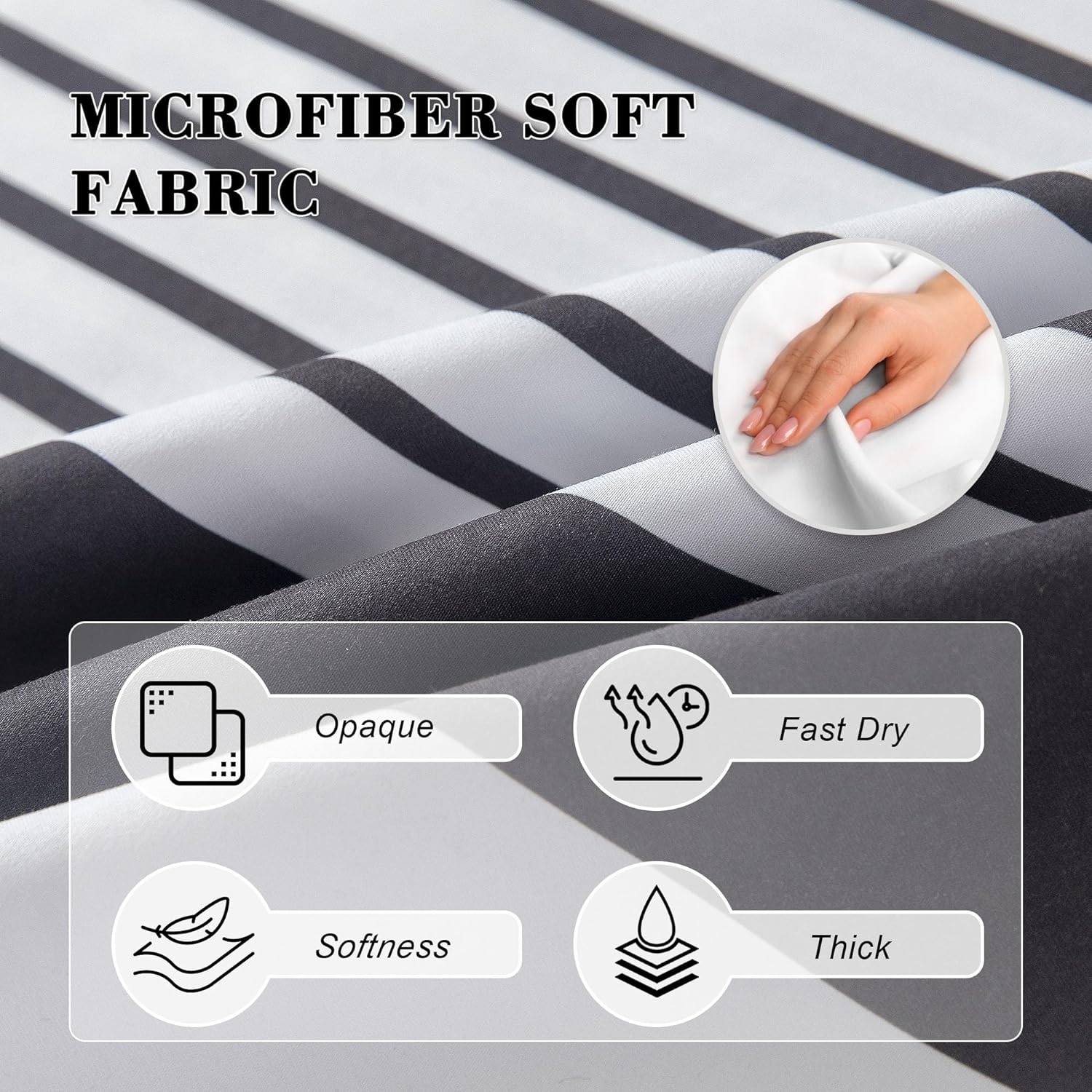 Microfiber Soft Fabric Waterproof Shower Curtain Farmhouse Black and White Striped 72"x72" Sets with Black Boho Tassels Modern Classics Curtains for Bathroom