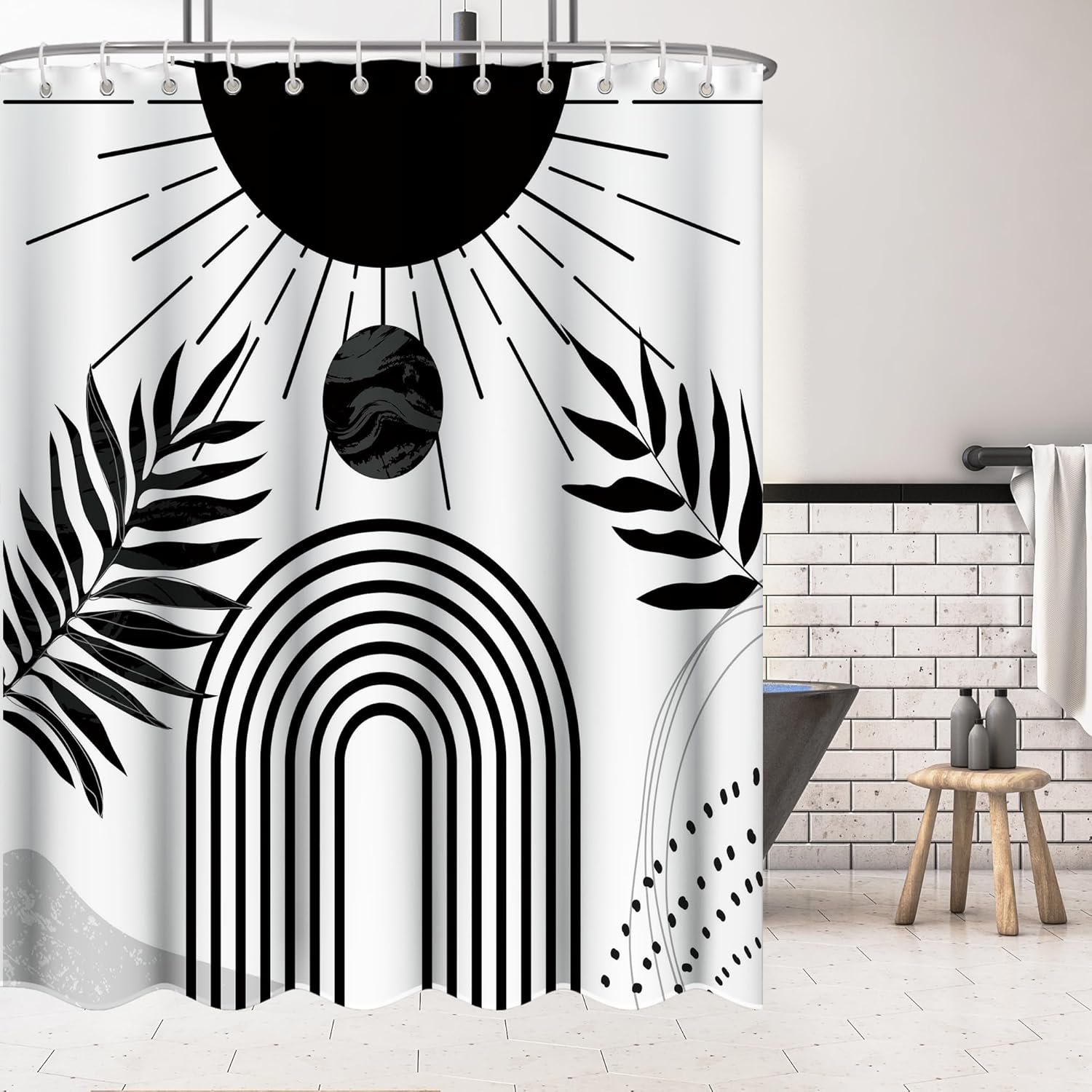 72" x72" Black and White Boho Shower Curtain Set,Arch Sun Design,Sage Green Minimalistic Leaves Pattern,Waterproof and Durable Luxurious Fabric-12 Hooks