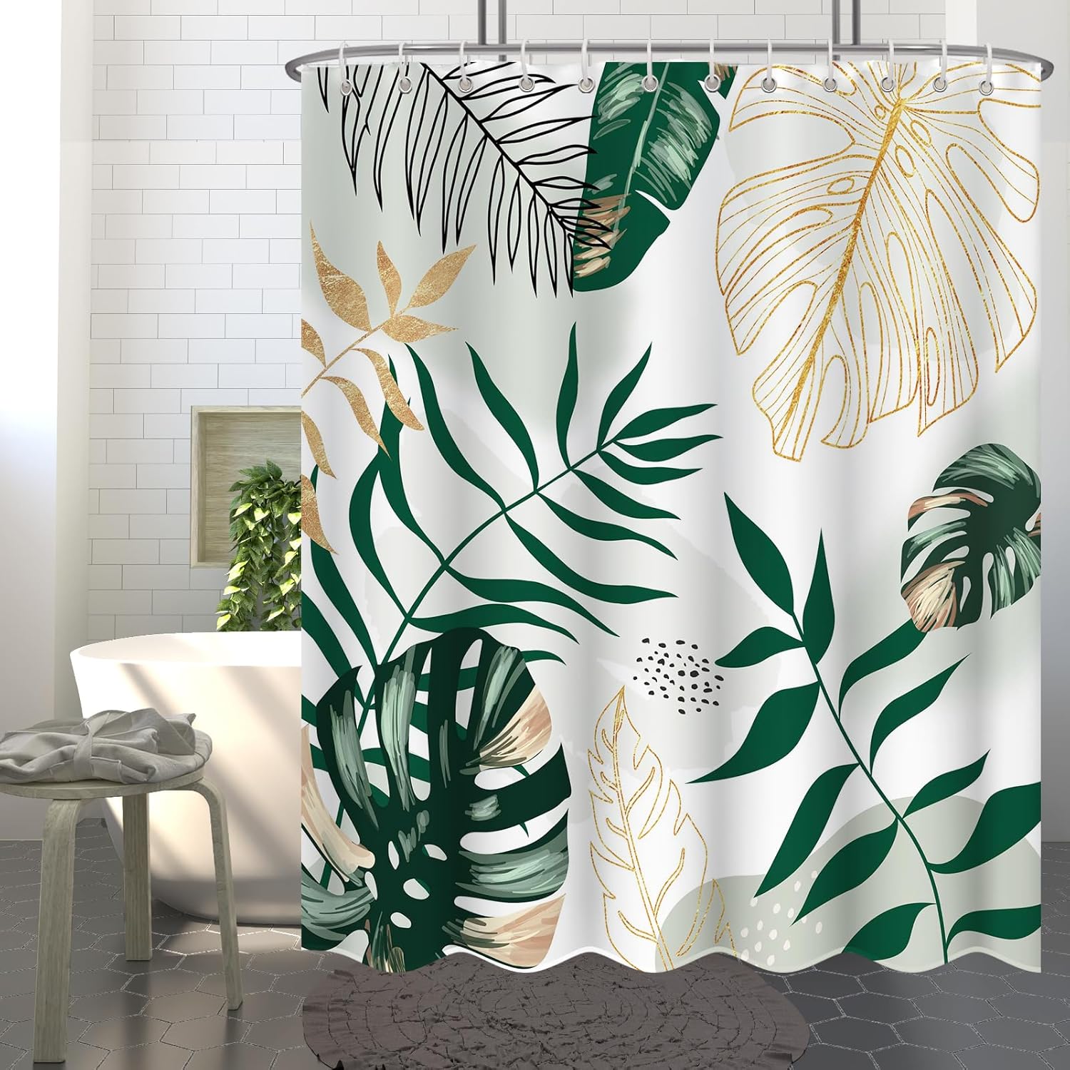 72" x 72" Boho Mid-Century Leaf Shower Curtain Set - Chic Green Abstract Design, Tropical Watercolor, Modern Bathroom Decor with Hooks - Washable Fabric