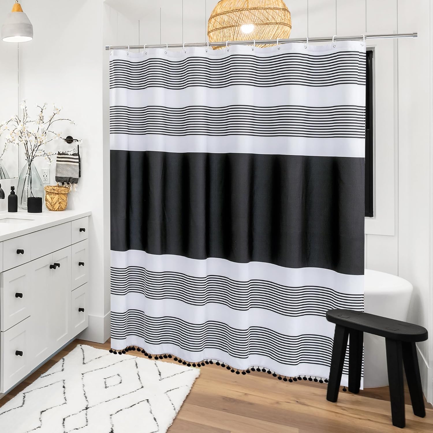 72"x72" Fabric Luxury Farmhouse Black and White Stripes Curtain with Pompom Linen Black Boho Modern Classics Striped Curtains for Bathroom