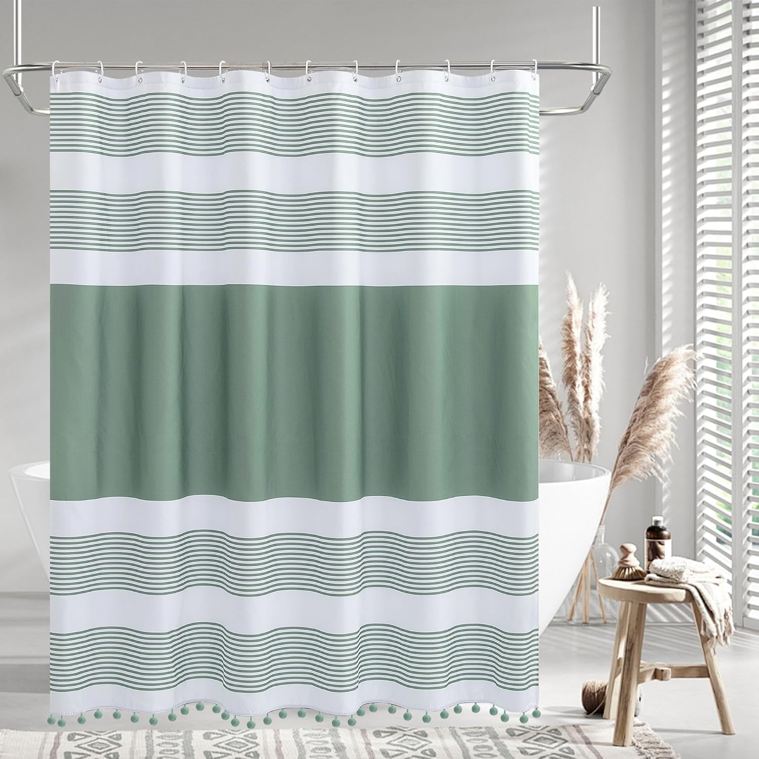 72"x72" Luxury Fabric Farmhouse Sage Green Shower Curtain Green and White with Pompom Boho Modern Classics Striped Curtains with 12 Hooks Washable for Bathroom