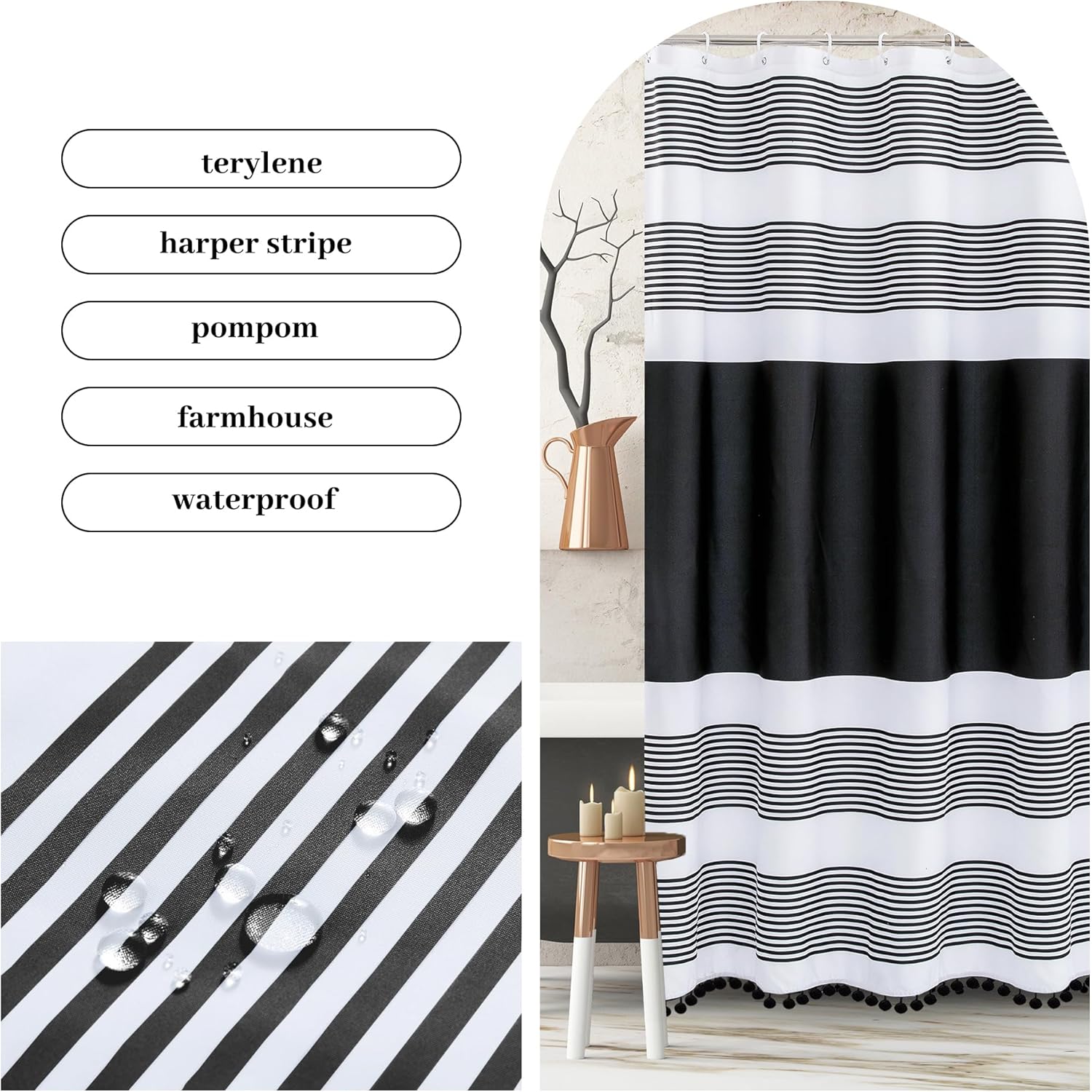 72"x72" Fabric Luxury Farmhouse Black and White Stripes Curtain with Pompom Linen Black Boho Modern Classics Striped Curtains for Bathroom