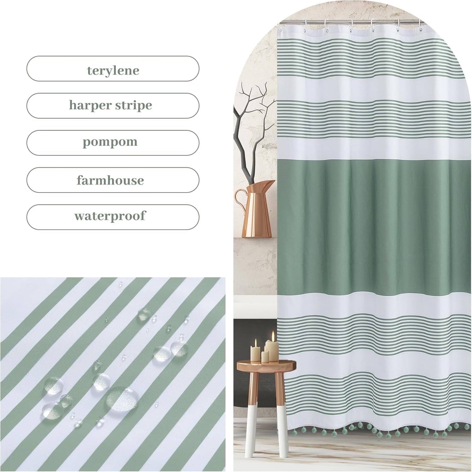 72"x72" Luxury Fabric Farmhouse Sage Green Shower Curtain Green and White with Pompom Boho Modern Classics Striped Curtains with 12 Hooks Washable for Bathroom