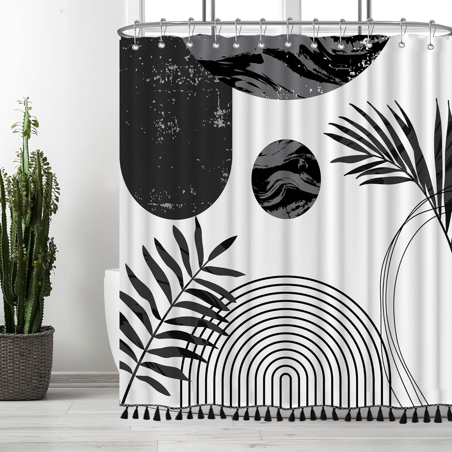 72" x 72" Black and White Boho Shower Curtain Set with Black Tassel Accents and Modern Minimalistic Design Waterproof Polyester,12 Anti Rust Hooks